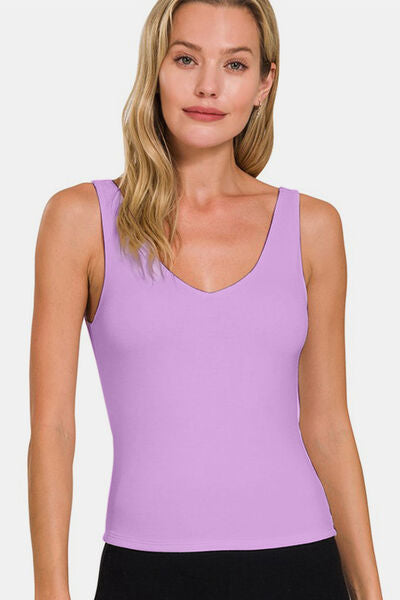 Zenana V-Neck Slim Tank in a soft fabric, showcasing a feminine V-neckline and slim fit silhouette, perfect for layering or wearing alone.