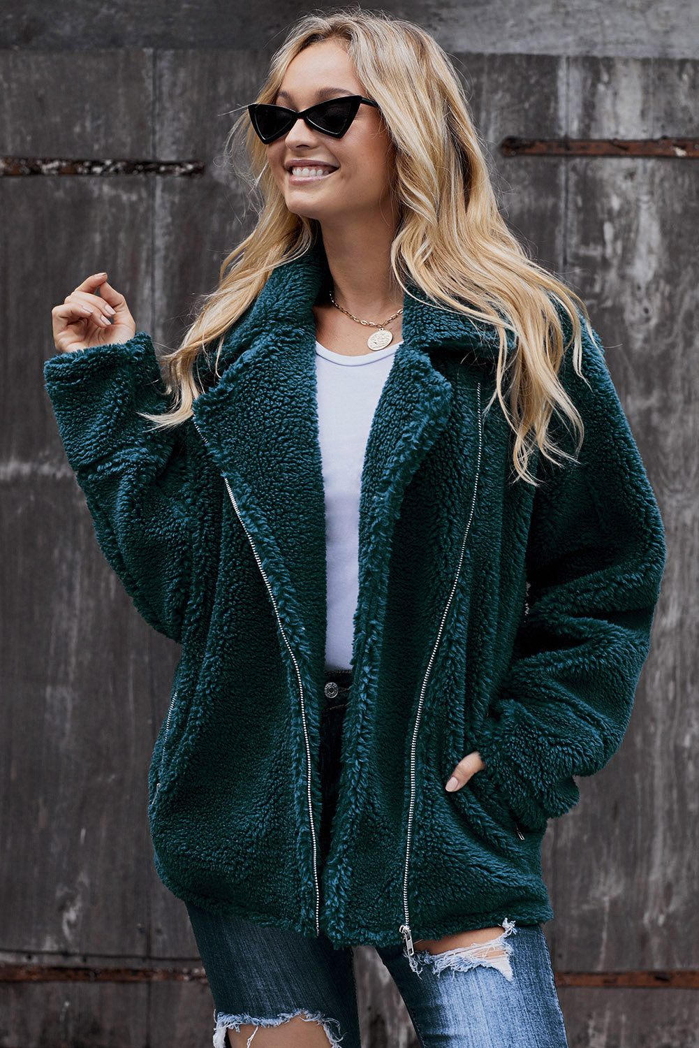 Cozy Zip Up Lapel Collar Sherpa Jacket in solid color with pockets, perfect for casual outdoor wear.