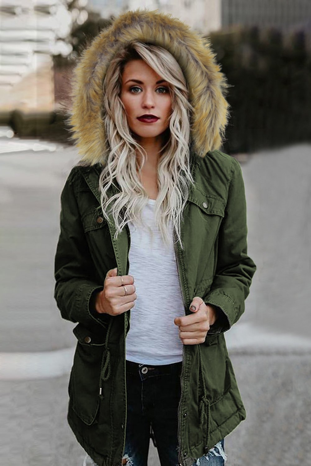 Zipper Snaps Pocket Plush Hooded Parka Jacket with faux fur trim, showcasing its stylish design and adjustable waist.