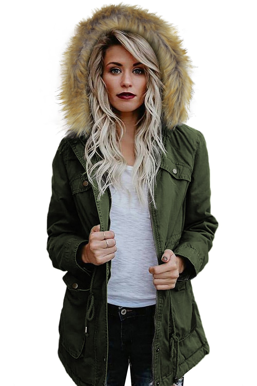 Zipper Snaps Pocket Plush Hooded Parka Jacket with faux fur trim, showcasing its stylish design and adjustable waist.