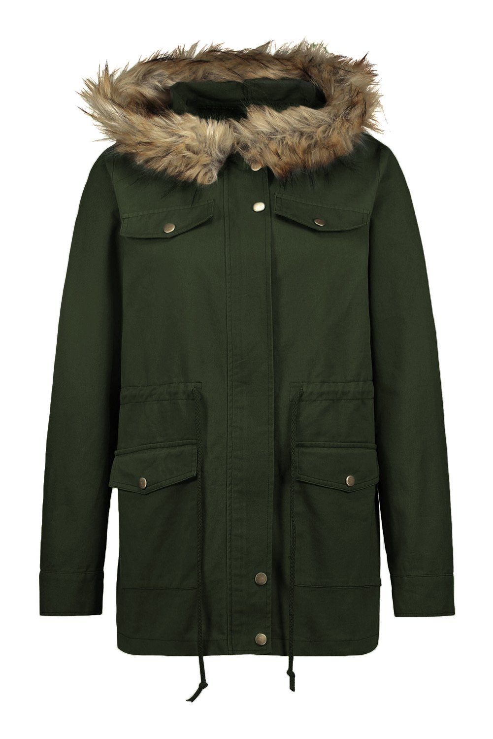 Zipper Snaps Pocket Plush Hooded Parka Jacket with faux fur trim, showcasing its stylish design and adjustable waist.