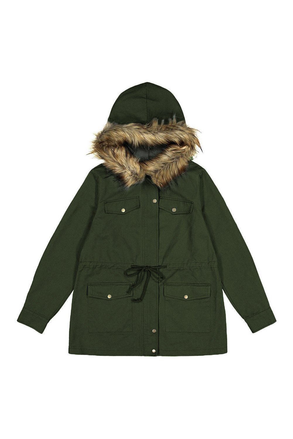 Zipper Snaps Pocket Plush Hooded Parka Jacket with faux fur trim, showcasing its stylish design and adjustable waist.