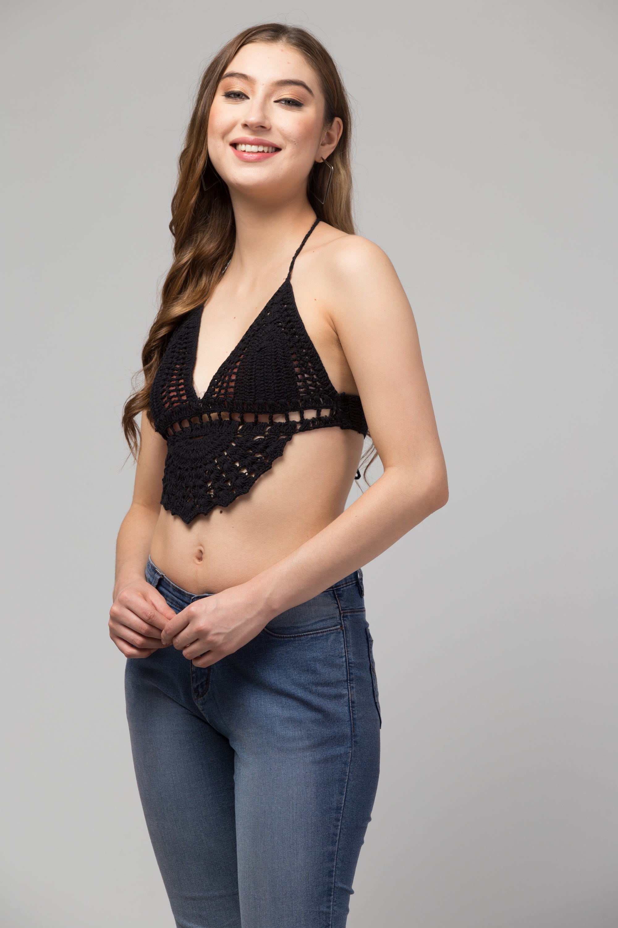 Zoe Black Crochet Crop Top-Bralette featuring intricate crochet design and organic fabric, perfect for summer styling.